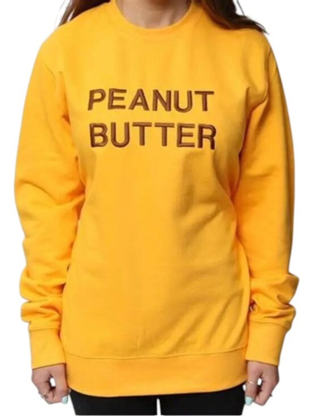 Rad Embroidered Brown "Peanut Butter" on a LS Golden Yellow Sweatshirt
